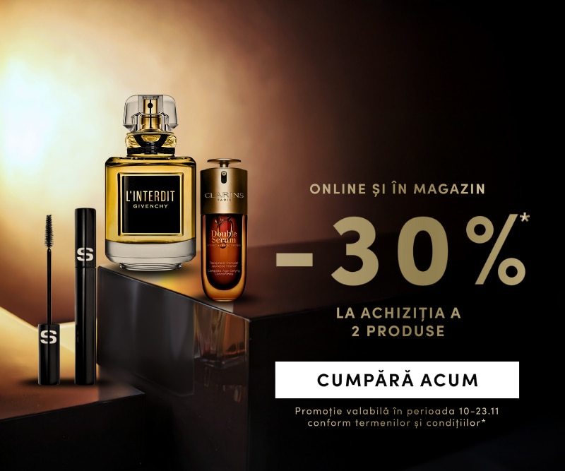 Parfum Givenchy L’Interdit, ser Clarins Double Serum și mascara Sisley cu reducere -30% la achiziția a 2 produse, disponibil online și în magazin.