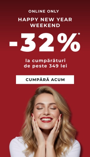 Promoție Happy New Year Weekend online: reducere 32% la cumpărături peste 349 lei, valabilă 02-05.01.2026, buton Cumpără acum.