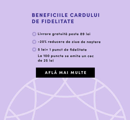 Beneficiile cardului de fidelitate – livrare gratuită peste 89 lei, reducere 20% de ziua de naștere, puncte de fidelitate și cec cadou la 100 puncte.