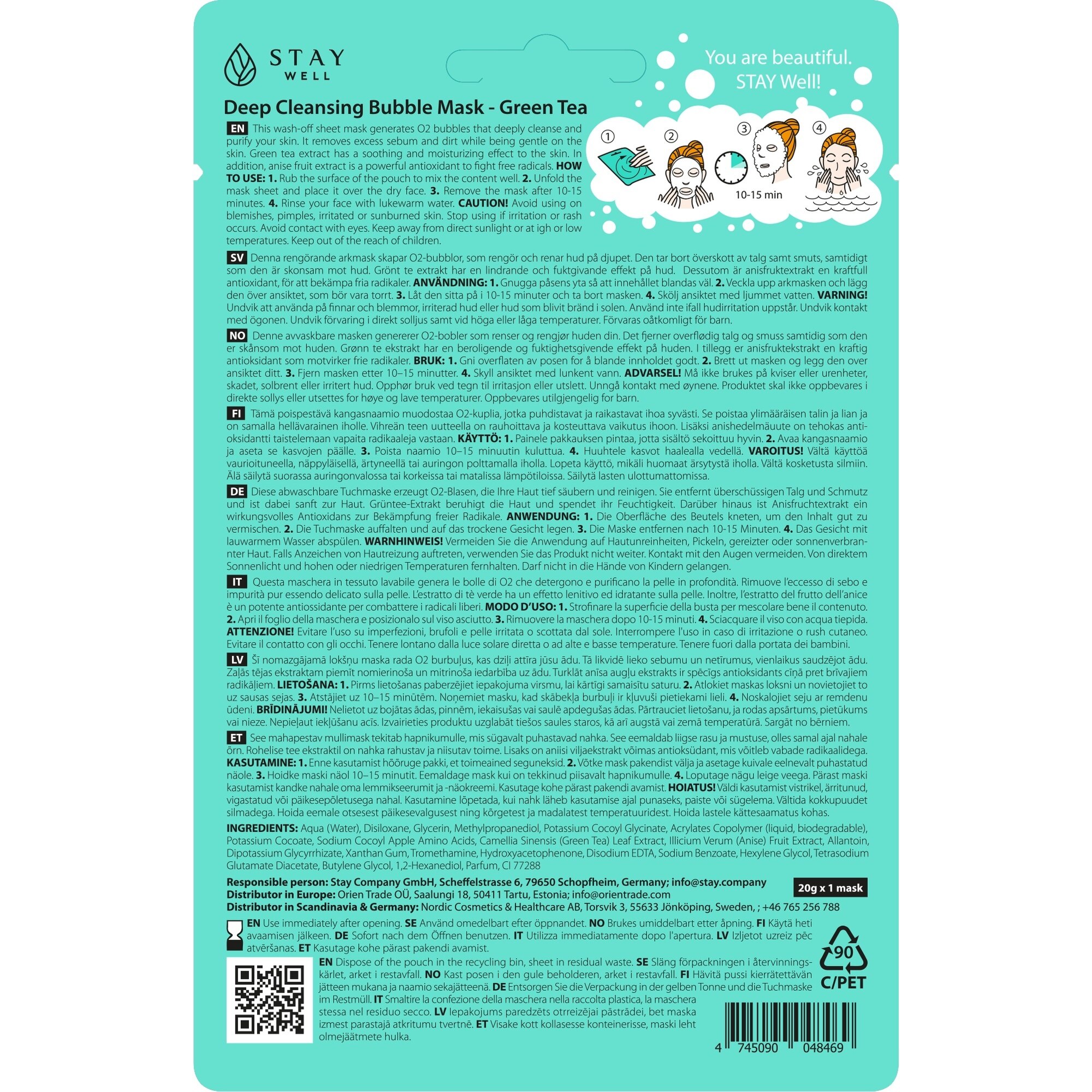 20 G STAY WELL Face Mask Masca de fata tip servetel-Bubble Mask Green Tea 1 of 2